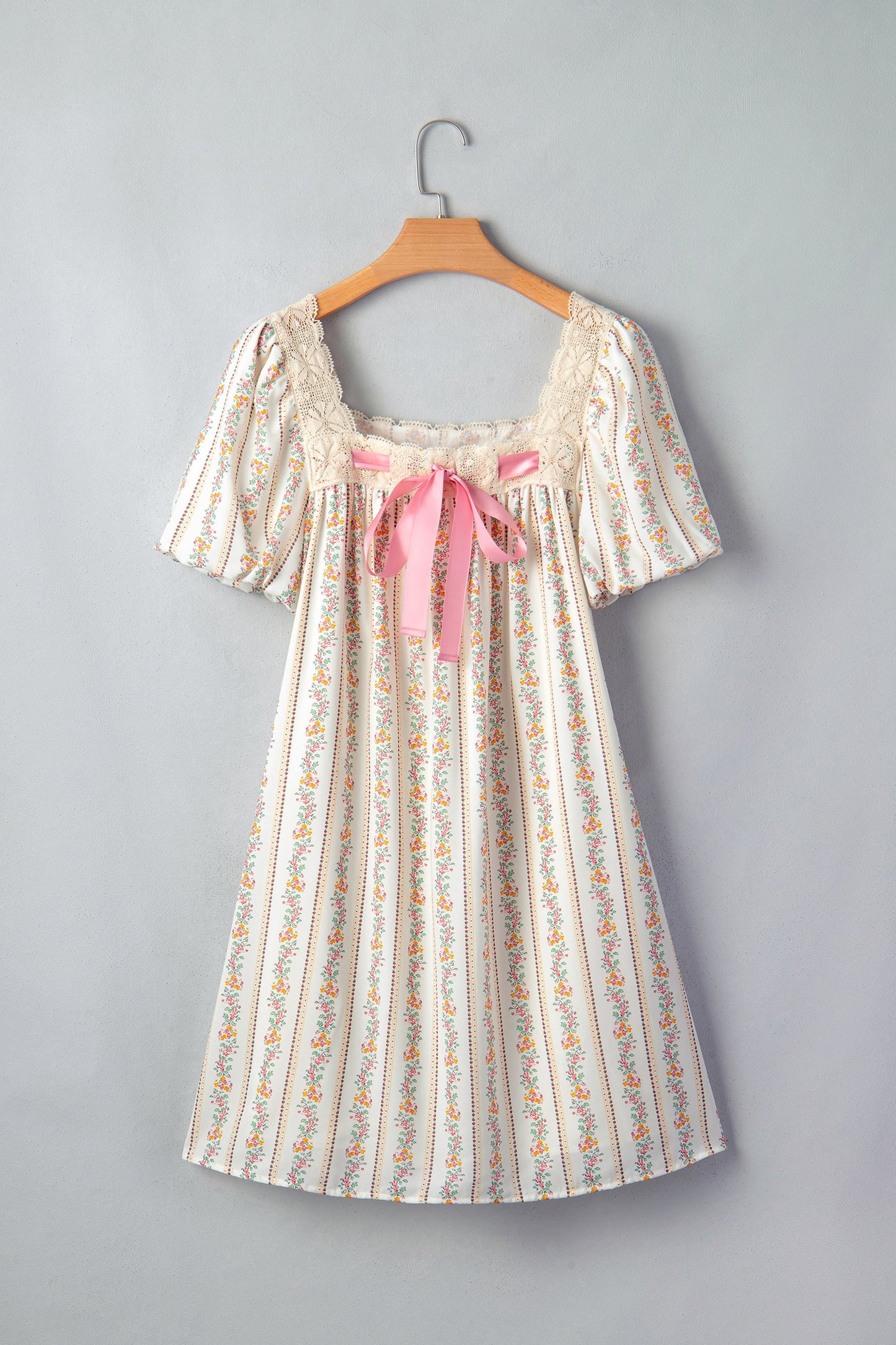 Floral Contrast Ribbon Bow Lace Square Mini Dress