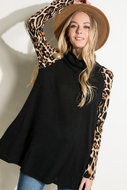 BRUSHED HACCI CHEETAH PRINT AND SOLID MIXED TOP