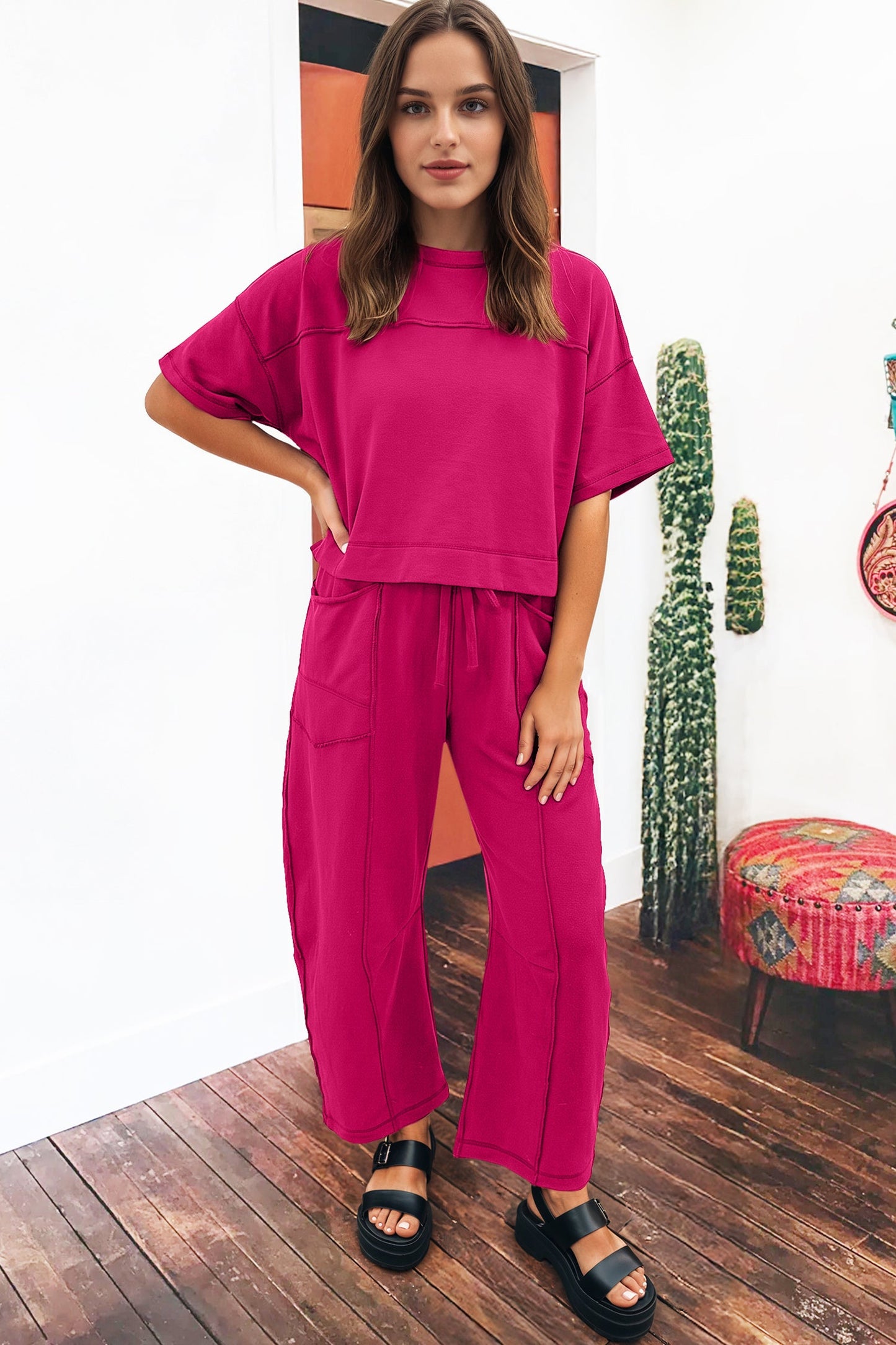 Solid Drop Shoulder Boxy Tee & Barrel Pants Set