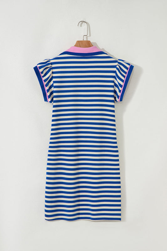 Stripe Flutter Sleeve Contrast Collar Mini Dress