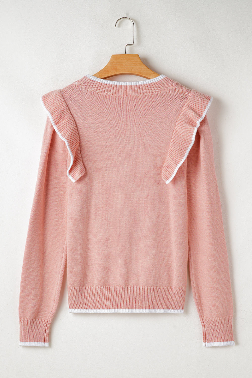 Bow Tie Ruffle Long Sleeve Ribbed Trim Sweater