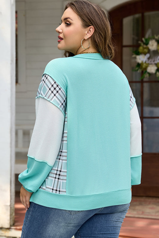 Plus Size Plaid Patchwork Corded Knit Long Sleeve Top