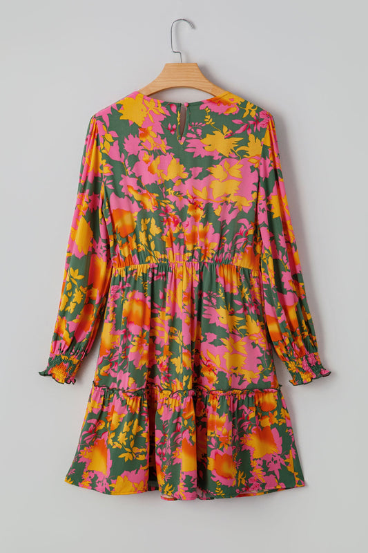 Floral Smocked Ruffle Hem Long Sleeve Mini Dress