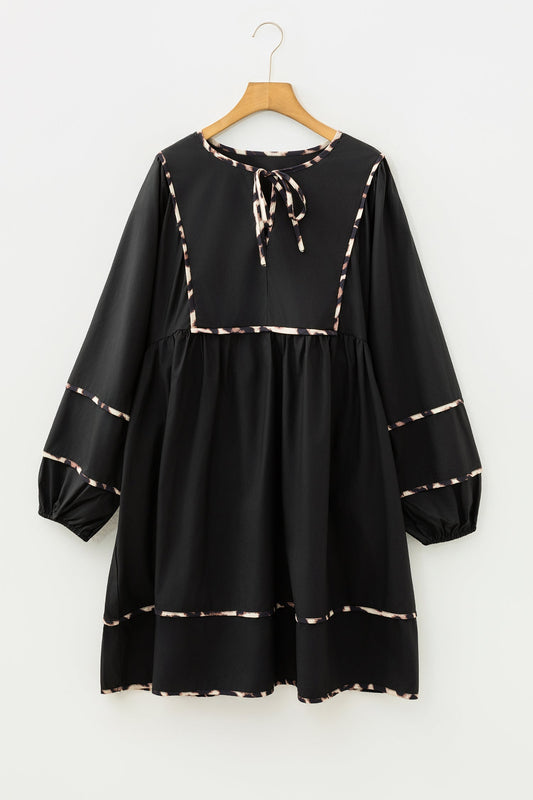 Plus Size Leopard Contrast Trim Tie-Neck Mini Dress