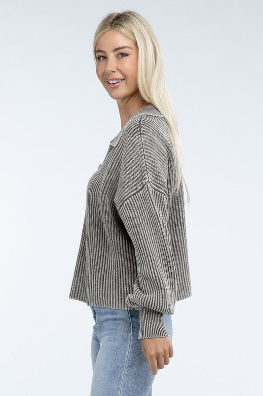 Washed Collared Henley Sweater