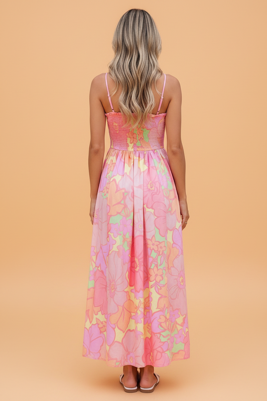 Floral Spaghetti Strap Shirred High Waist Dress