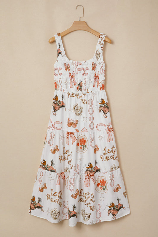 Western Horseshoe Smocked Sleeveless Midi Dress