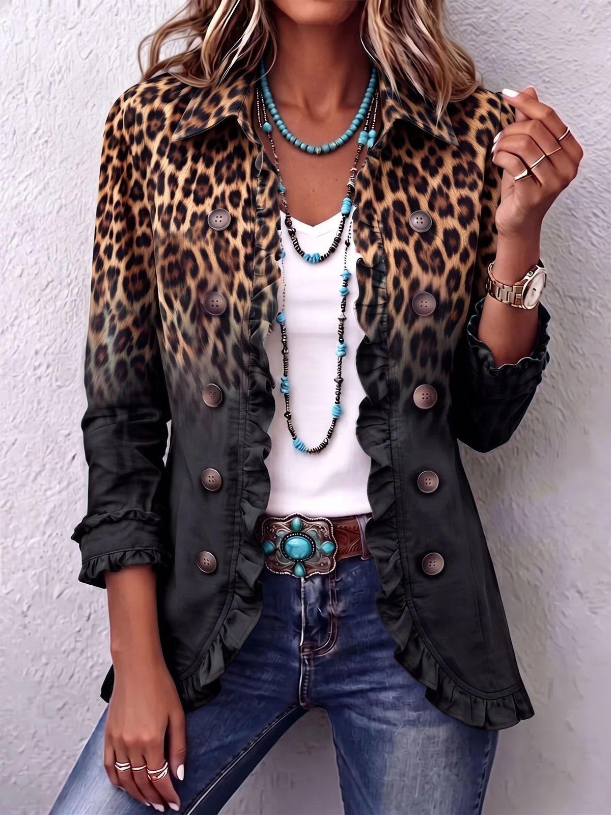 Women's Long Sleeve Cardigan – Solid & Leopard Print OL Commuter Style