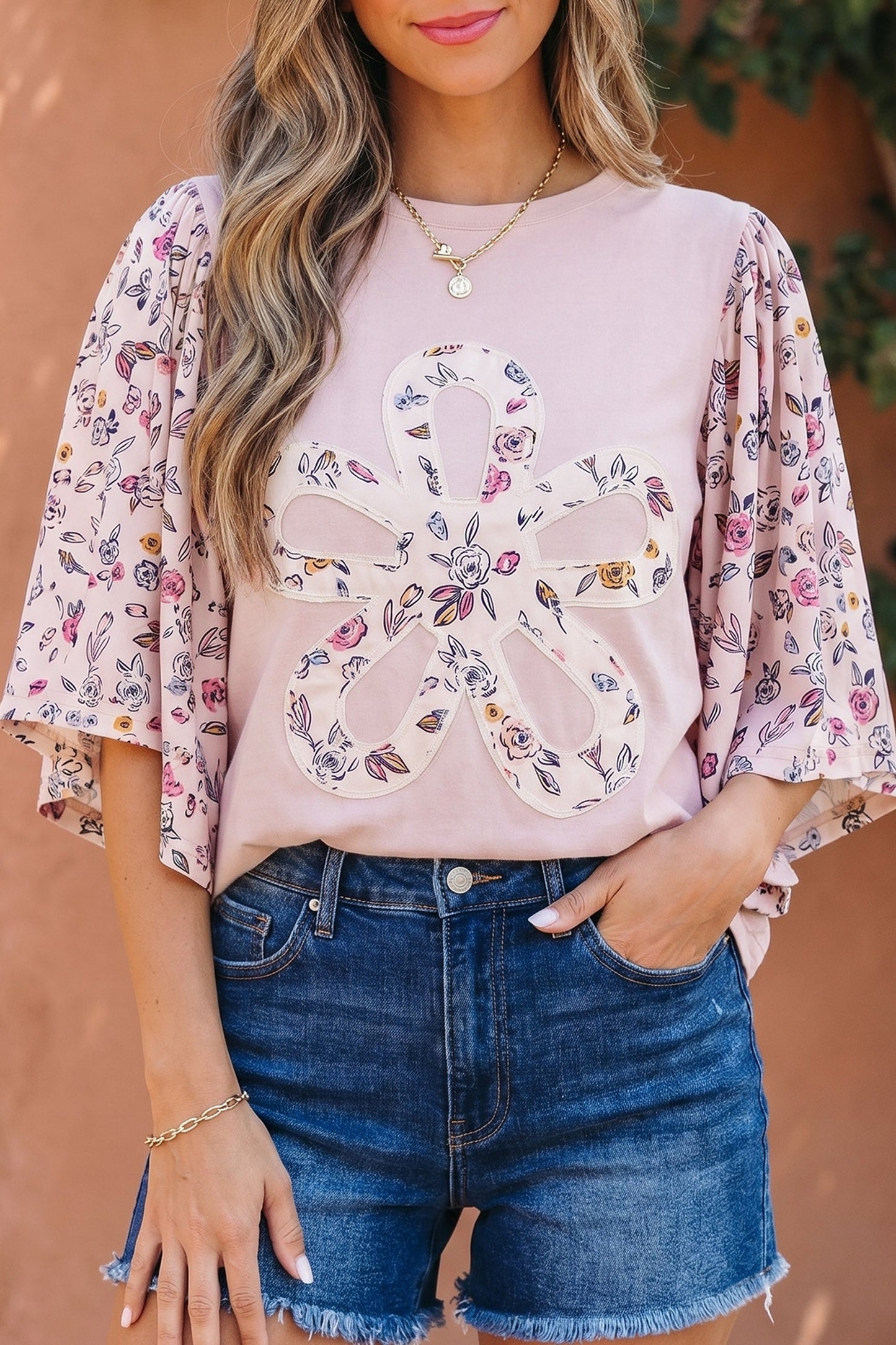 Floral Contrast Patchwork Flowy 3/4 Sleeve Blouse