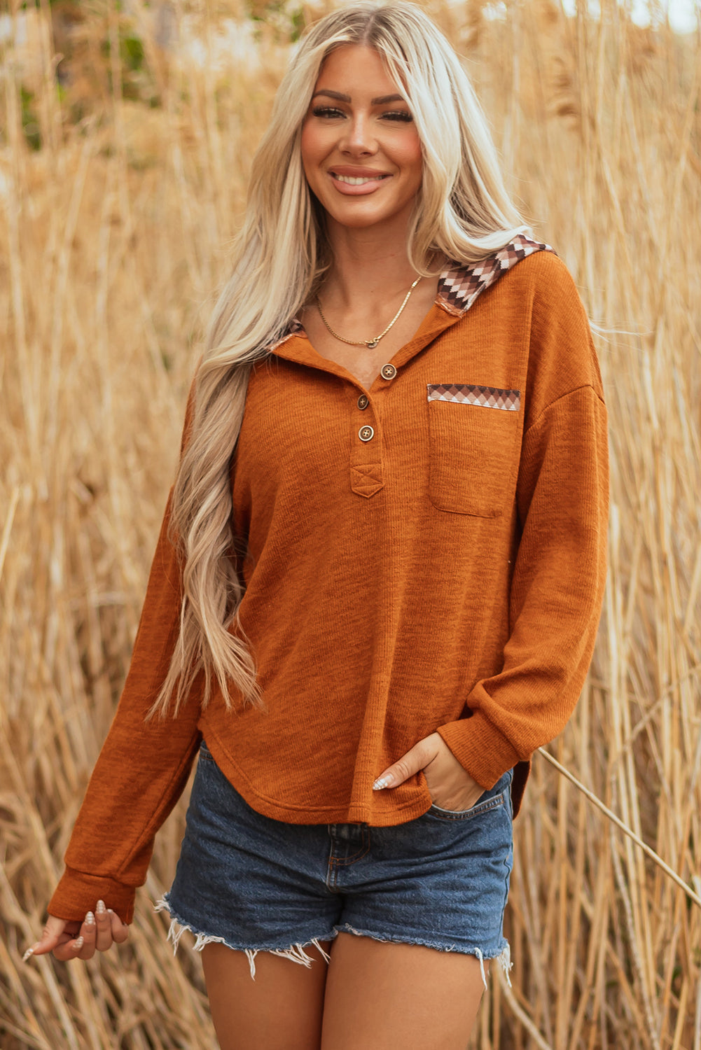 Payton Plaid Hood Patchwork Chest Pocket Henley Top