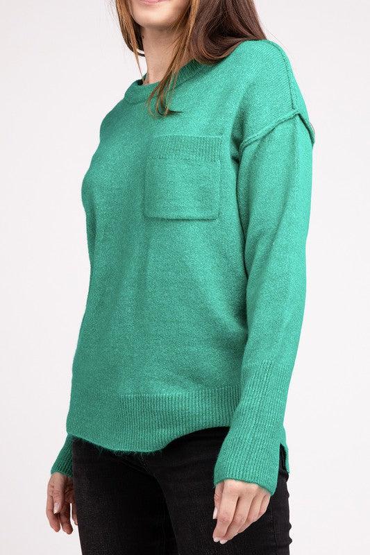 MELANGE HI-LOW HEM ROUND NECK SWEATER