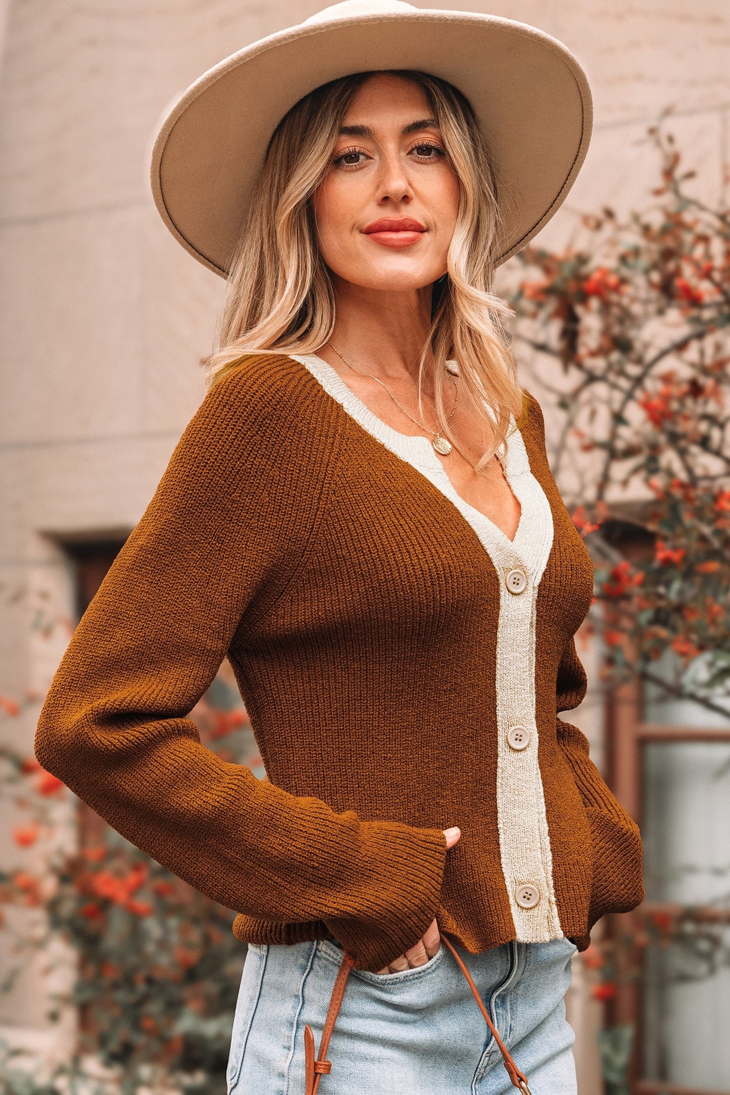 Contrast Trim Buttoned V-Neck Cropped Cardigan