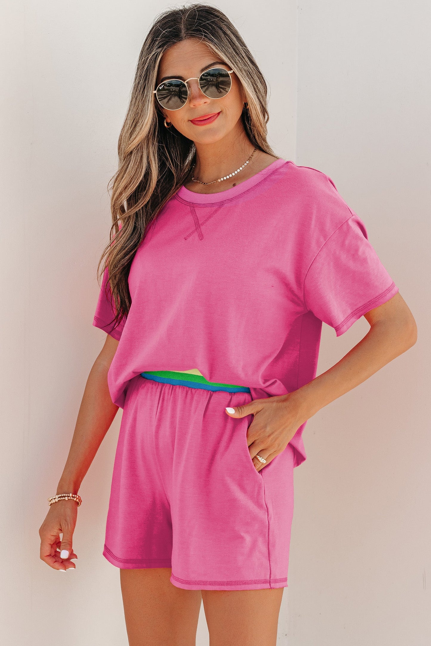 Solid Tee & Stipe Waistband Short Set