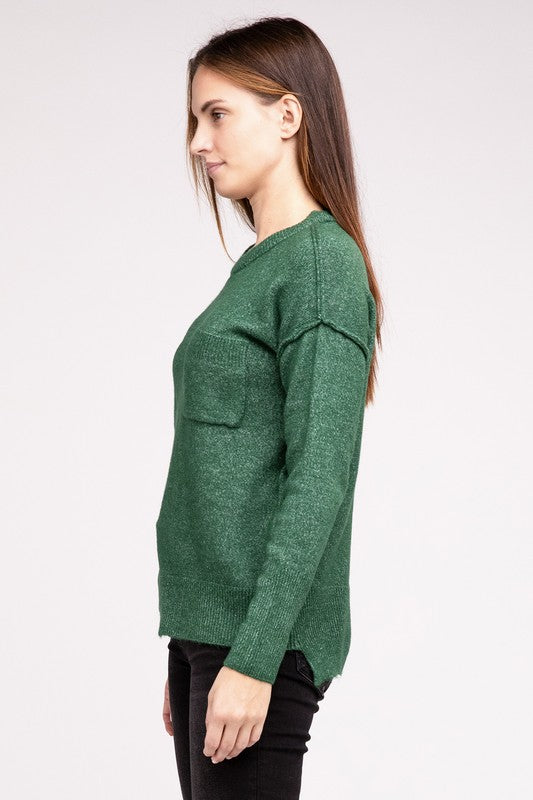 MELANGE HI-LOW HEM ROUND NECK SWEATER