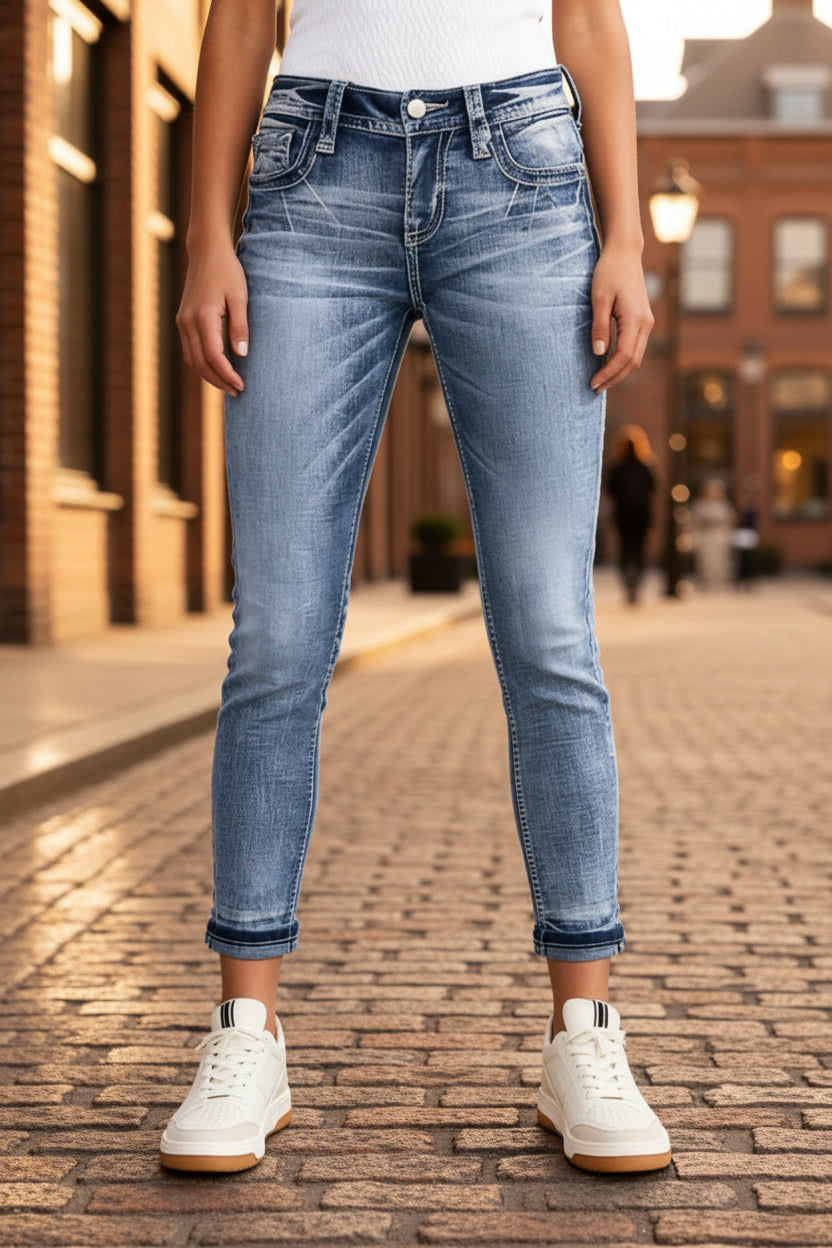 Washed Faded Cuffed Ankle Skinny Jeans