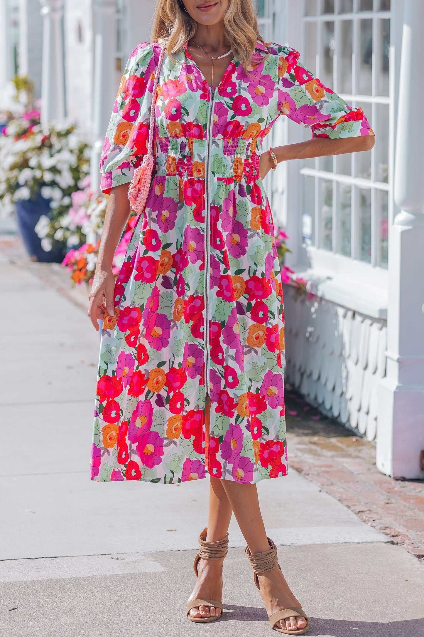 Floral Zip-Up V-Neck Short Puff Sleeve Dress
