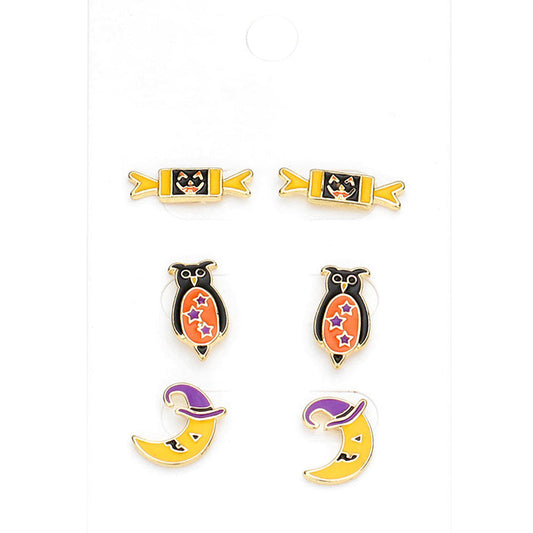 3Pairs - Enamel Pumpkin Candy Owl Crescent Moon Stud Earrings
