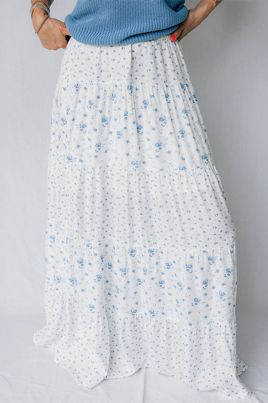 Floral Patchwork High Waist Tiered Maxi Skirt