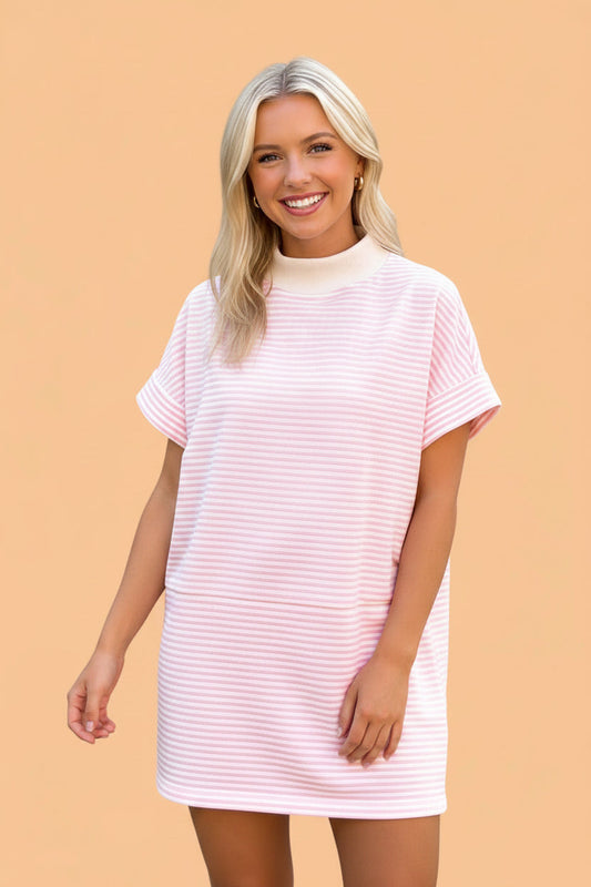 Stripe Mock Neck Cuffed Sleeve Tee Dress