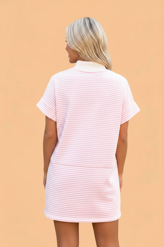 Stripe Mock Neck Cuffed Sleeve Tee Dress