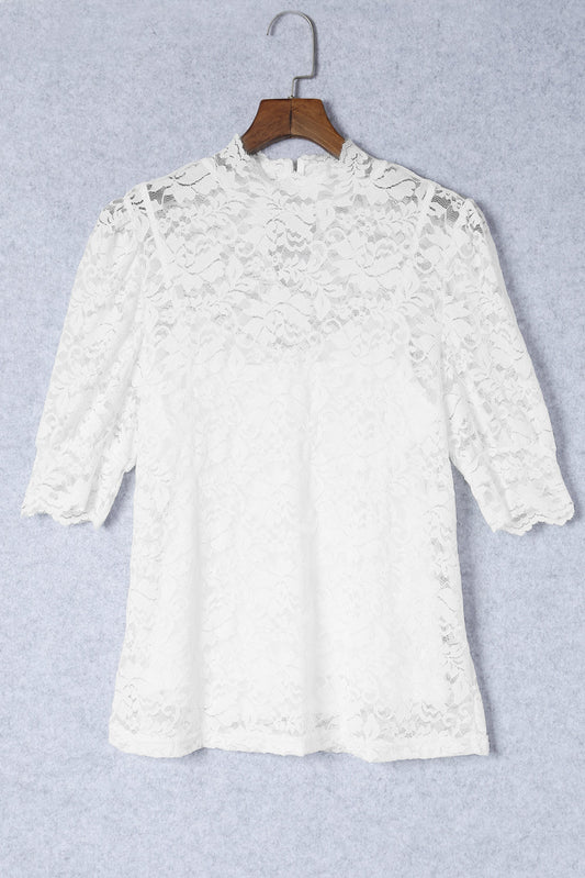 Floral Lace High Neck Puff Sleeve Blouse