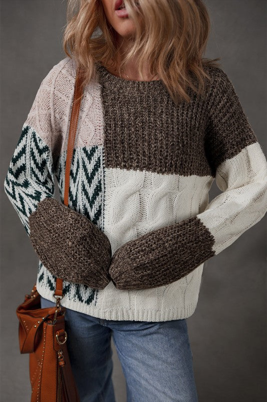 COLORBLOCK CABLE KNIT PATCHWORK TIED BACK SWEATER | MODERN EMPORIUM - Modern Emporium Boutique