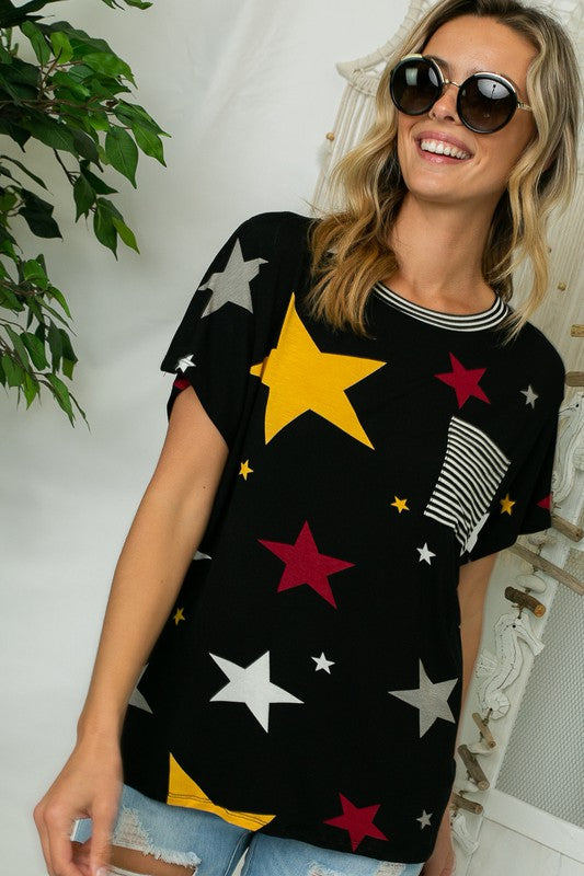 STAR PRINT STRIPE JERSEY POCKET TOP