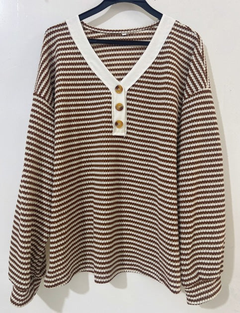 Women's V-Neck Button Striped Color Block Top – Long Sleeve Loose Fit