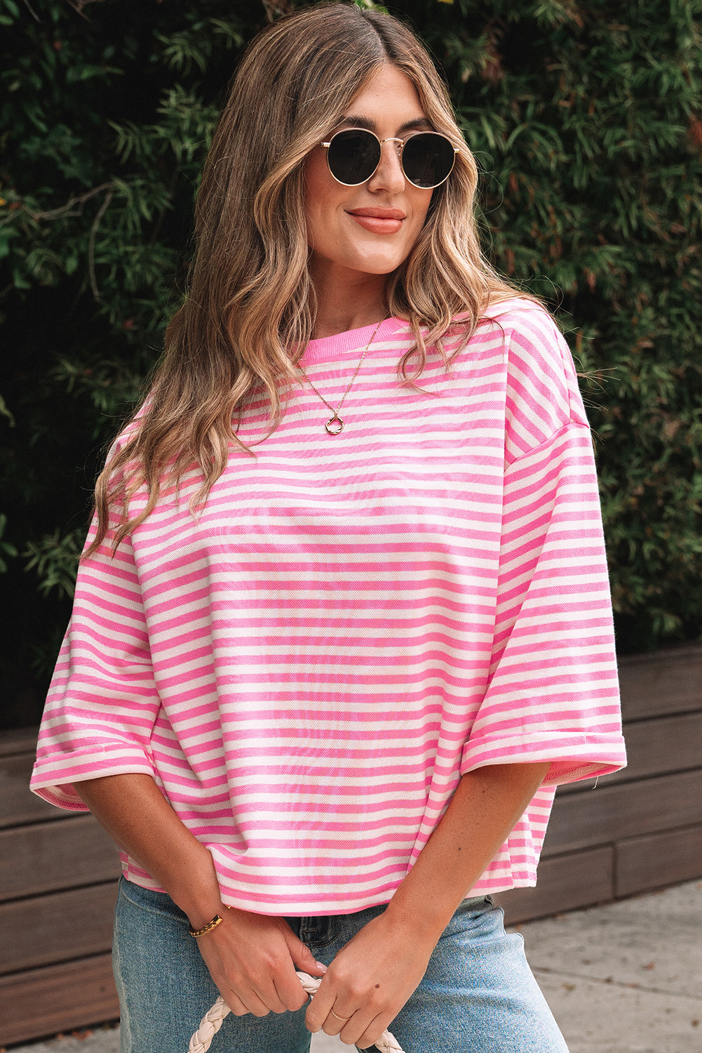 Riley Stripe Bowknot Cutout Back Loose Top