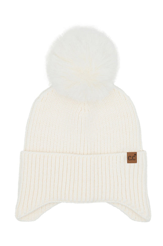 C.C Earflap Pom Knit Solid Beanie