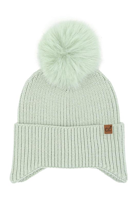 C.C Earflap Pom Knit Solid Beanie