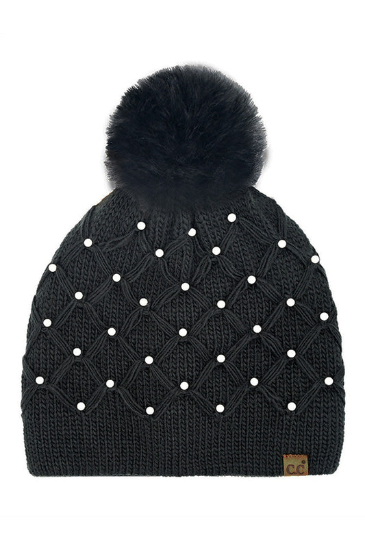C.C Allover Pearl Crochet Pom Beanie