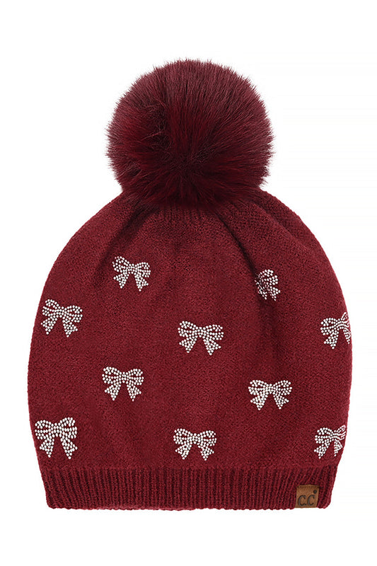 C.C Allover Rhinestone Mini Bow Pom Beanie
