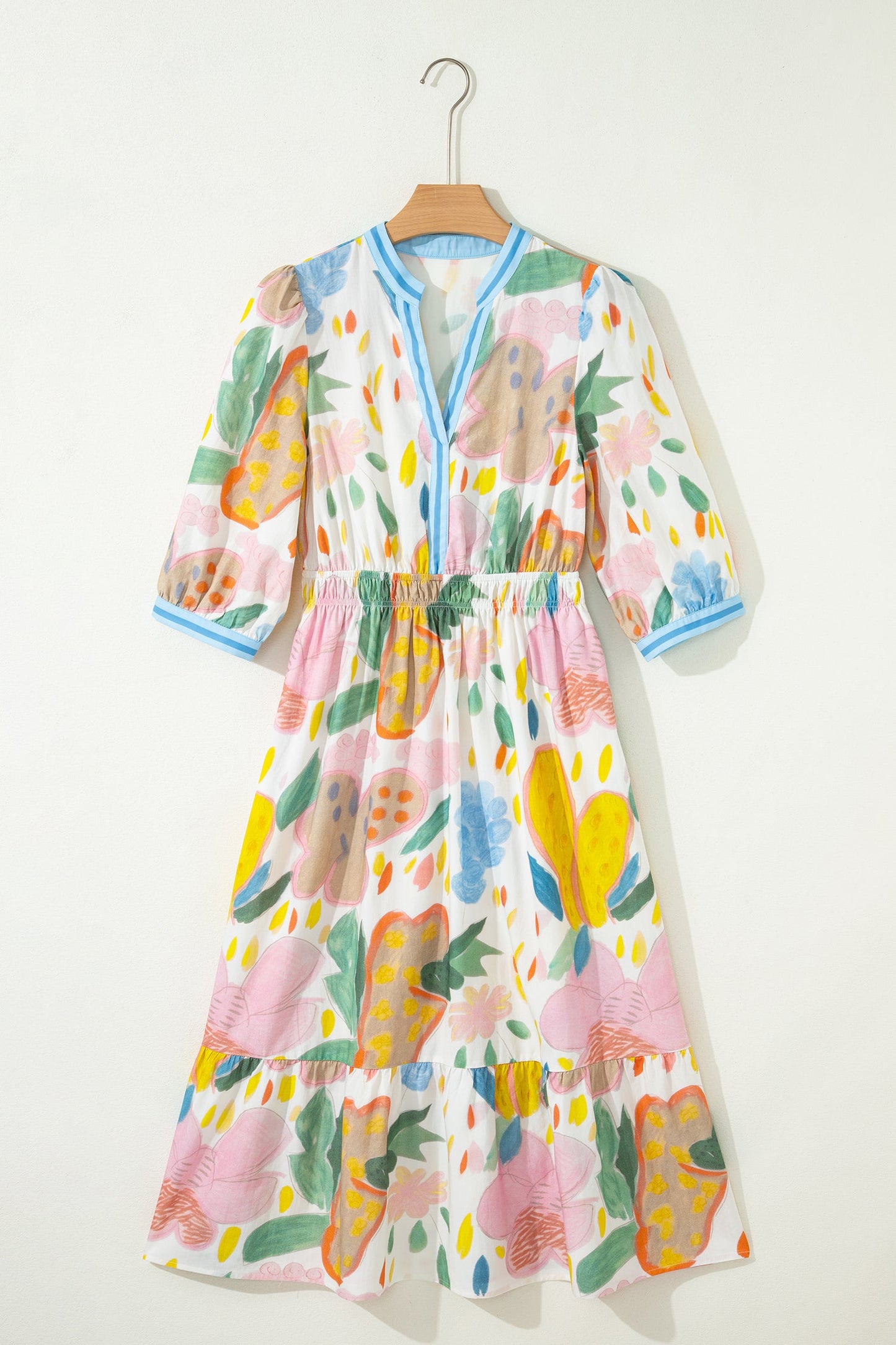 Floral Stripe Trim V-Neck Midi Dress