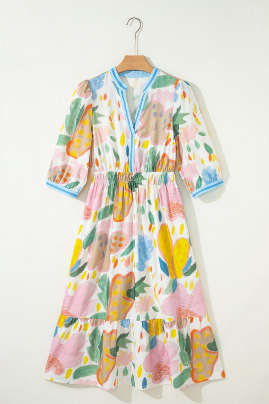 Floral Stripe Trim V-Neck Midi Dress