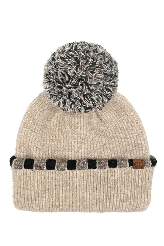 C.C Neutral Horizontal Stripe Cuffed Pom Beanie