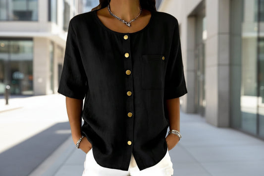 Crew-Neck 3/4 Sleeve Shirt with Metal Buttons – 7 Colors, S–3XL