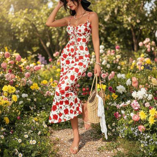 Women's Rose Print Lace-Up Sweetheart Mermaid Maxi Dress