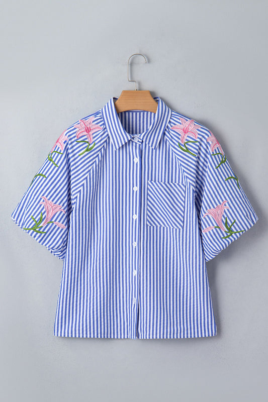 Stripe Floral Lily Embroidered Puff Sleeve Shirt