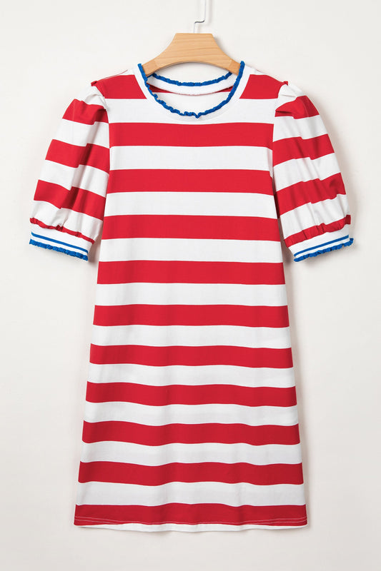 Americana Stripe Contrast Trim Puff Sleeve Dress