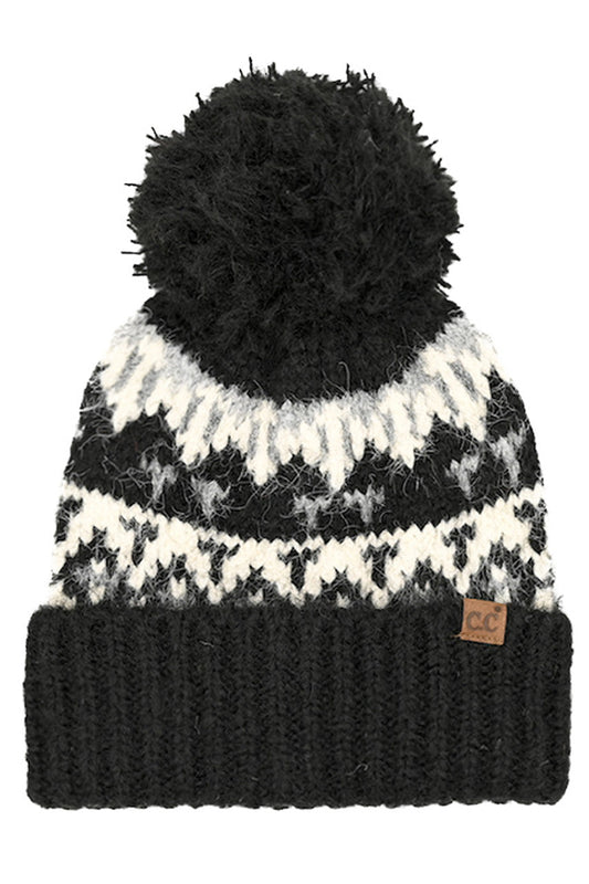C.C Geometric Pattern Yarn Pom Beanie