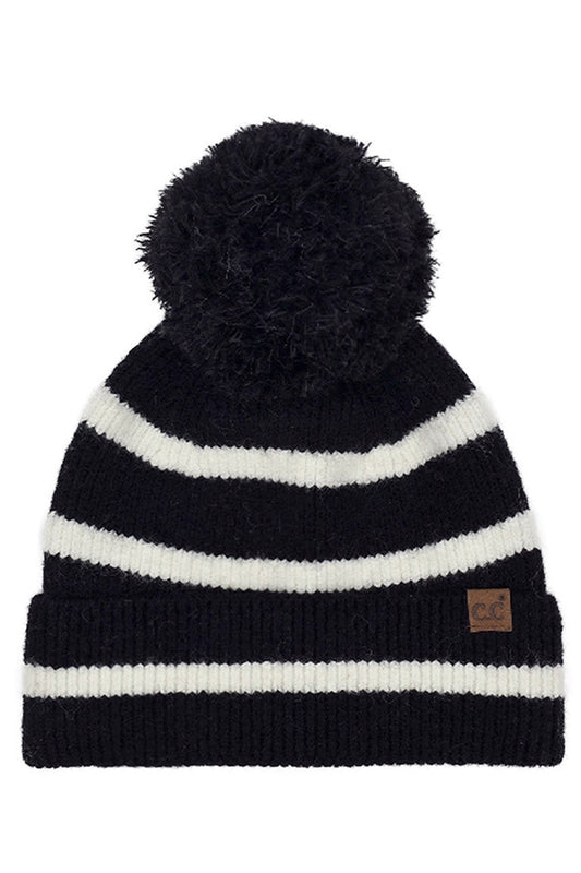 C.C Two Tone Stripe Yarn Pom Beanie