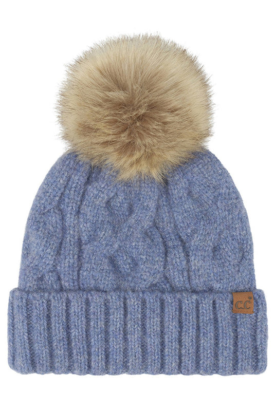 C.C Solid Big Cable Pattern Knit Cuff Pom Beanie