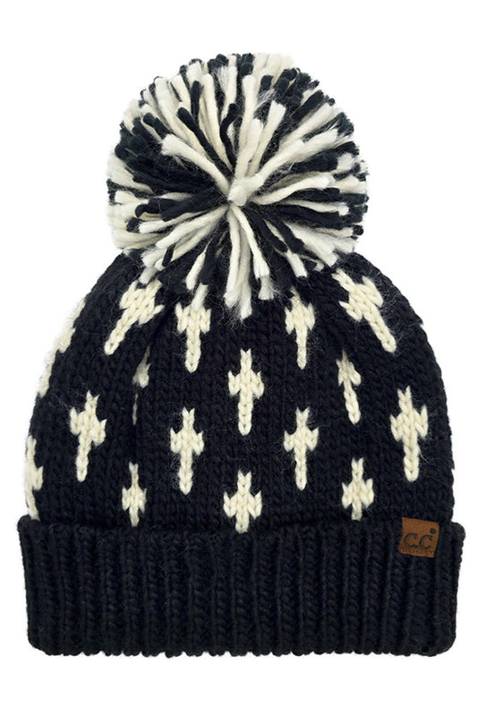 C.C Cross Pattern All Over Yarn Big Pom Beanie