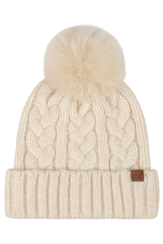 C.C Women's Heather Cable with Satin Lining Pom Beanie