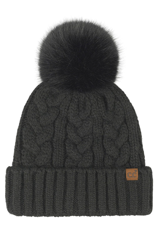 C.C Women's Heather Cable with Satin Lining Pom Beanie