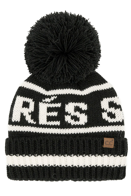 C.C Women's Apres Ski Lettering Yarn Pom Beanie