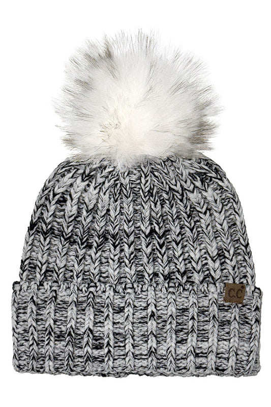 C.C Two Tone Heather Faux Fur Pom Cuff Beanie