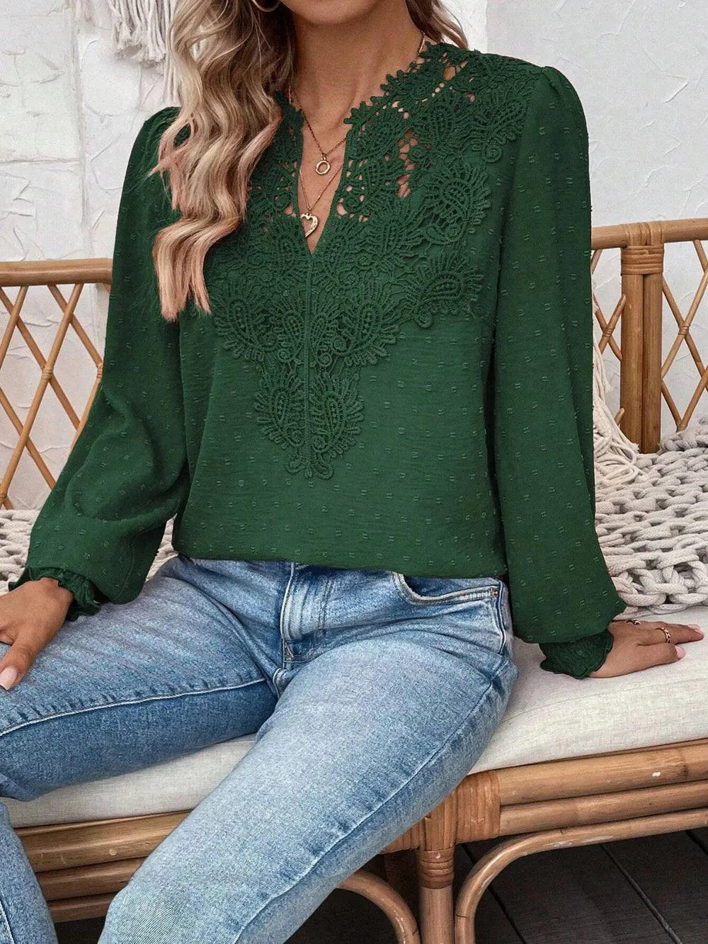 Swiss Dot Lace Detail Notched Long Sleeve Blouse – Feminine Style