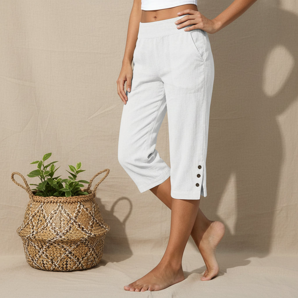 Women's High-Waist Cropped Straight-Leg Pants – Button Detail Slit Front